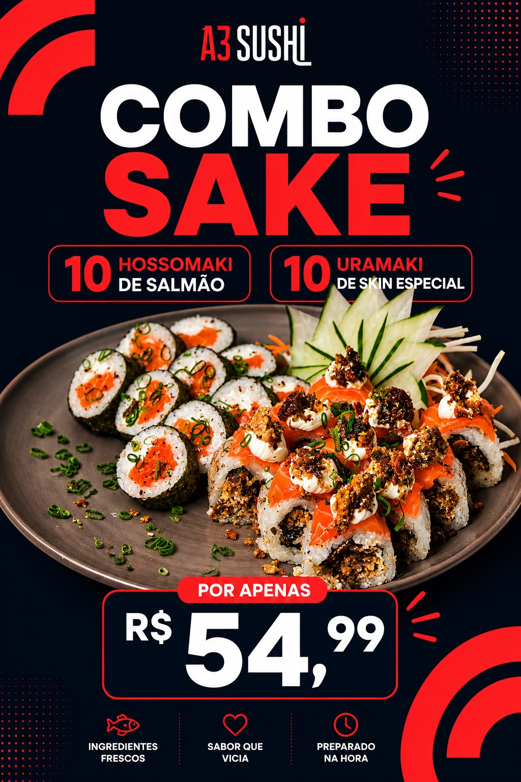 Combo sake 10 hossomaki de salmao 10 uramaki de skin especial